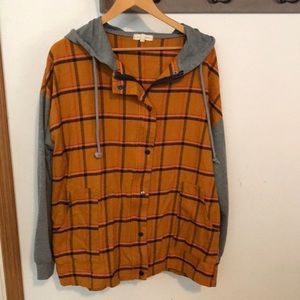Gilded Intent jacket, orange and gray checker, hood and long sleeves lar…